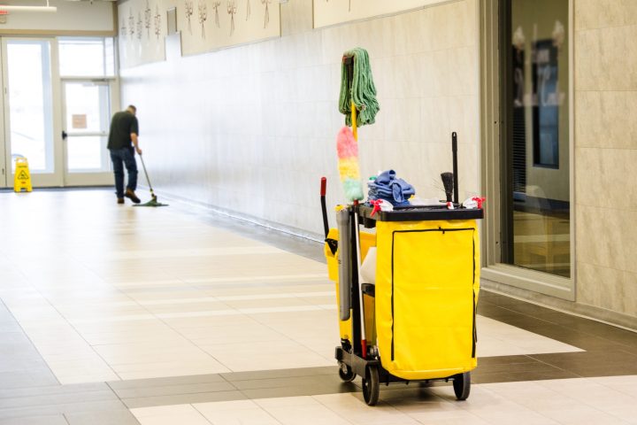 Cleaner,Is,Cleaning,The,Floor,,Cleaning,Trolley